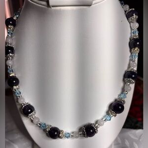 Handmade Amethyst Necklace with White Jade Blue Crystals and Rhinestones 19.5 in